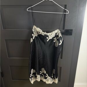 Victoria's Secret Silky Satin Black Vintage Dress Lace Appliqué Sz XL